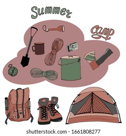 A set of camping equipment compass, backpack and tent.Vector set of objects isolated on a white background. icons. Inscription. Summer camp. For the design of banners, signage, stickers