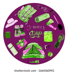Un conjunto de equipos de camping brújula, mochila y tienda.Conjunto vectorial de objetos aislados en un fondo blanco. para obtener más información. Inscripción. Campo de verano. Para el diseño de banners, carteles, adhesivos
