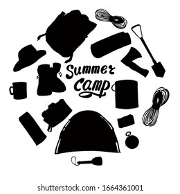 A set of camping equipment compass, backpack and tent.Vector set of objects isolated on a white background. icons. Inscription. Summer camp. For the design of banners, signage, stickers