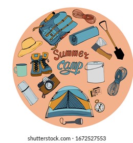 Un conjunto de equipos de camping brújula, mochila y tienda.Conjunto vectorial de objetos aislados en un fondo blanco. para obtener más información. Inscripción. Campo de verano. Para el diseño de banners, carteles y pegatinas