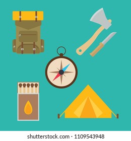 Set of camping equipment in flat style isolated on blue background. Collection of Backpack, Matches, Ax, knife, tent and compass vector illustration. Camping equipment symbols and icons.