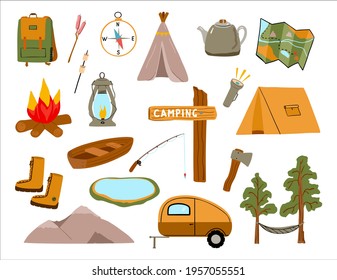 Set of camping equipment for hiking and outdoor recreation. Camping handdrawn icons in cartoon style isolated on a white background. Collection of vector illustration (tent, pointer, mountains, flashl