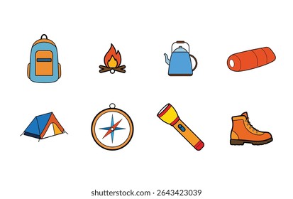 A set of camping equipment icons is isolated on a white background featuring a backpack campfire kettle sleeping bag tent compass flashlight and boot perfect for outdoor adventure and travel designs. 