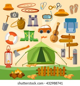 Set of camping equipment icons and symbols vector 