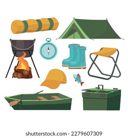 Hiking camping equipment vector campfire base camp gear and