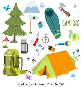 Set of camping equipment and objects in vector