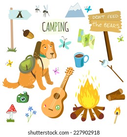 Set of camping equipment and objects in vector with campfire, guitar and dog. 