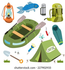 Set of camping equipment and objects in vector with dinghy, tent, sleeping bag, kerosene lamp and fish.