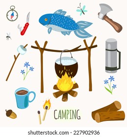Set of camping equipment and objects in vector