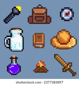 Set of camping equipment pixel art flat icons

