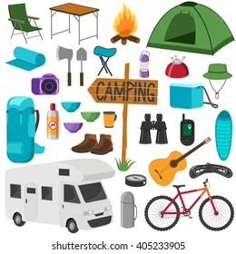 Set of camping equipment symbols. Hike collection. Icons set isolated on white background.