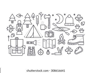 Set of camping equipment symbols and icons.
