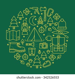 Set of camping equipment symbols and icons. Vector illustration.