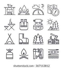 Set of camping equipment symbols and icons