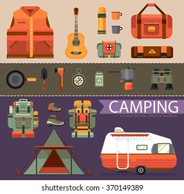 Set of camping equipment symbols and icons