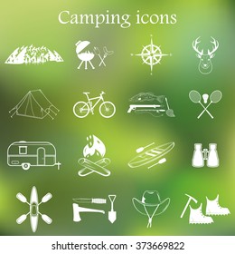 Set of camping equipment symbols and icons. 