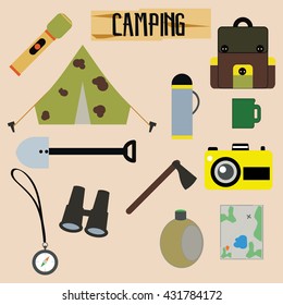 Set of camping equipment symbols and icons