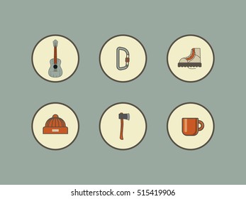 Set of camping equipment symbols and icons