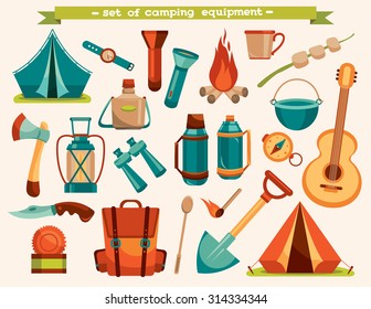 Set of camping equipment - tent, backpack, knife, flashlight and other. Vector tourism illustration.