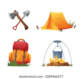 conjunto de ilustraciones vectoriales del equipo de acampada