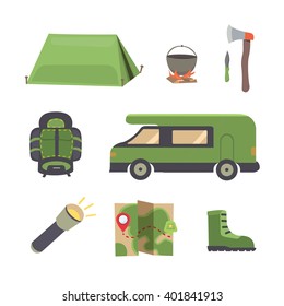 set camping equipment vector illustration.Hiking and outdoor recreation.