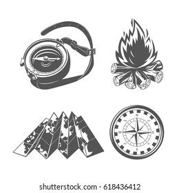 Set of  camping equipments illustration. logotypes and badges. Vector logotype isolated on white background.