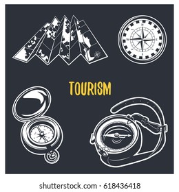 Set of  camping equipments illustration. logotypes and badges. Vector logotype isolated on dark background.