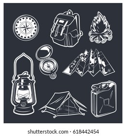 Set of  camping equipments illustration. logotypes and badges. Vector logotype isolated on dark background.