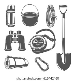 Set of  camping equipments illustration. logotypes and badges. Vector logotype isolated on white background.