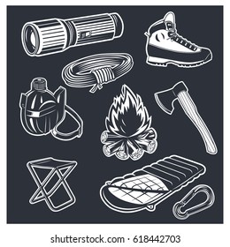 Set of  camping equipments illustration. logotypes and badges. Vector logotype isolated on dark background.