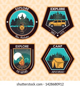 Set of Camping explore summer patches emblems collection vector illustration graphic design