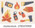 Set of camping and fire icons in retro flat style. Torch, matches, lighter, logs, saw, axe, knife and flames. Outdoor survival elements for hiking, forest trip, campfire and adventure design. Minimal vector illustration with warm earthy color palette.