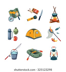 Set of camping, fishing and outdoor icons in flat design, vector illustration collection