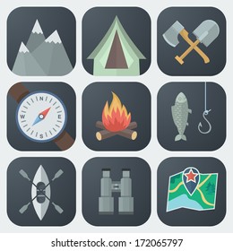 Set of Camping Flat App Icons on Light Background
