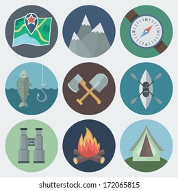 Set of Camping Flat Circle Icons on Light Background