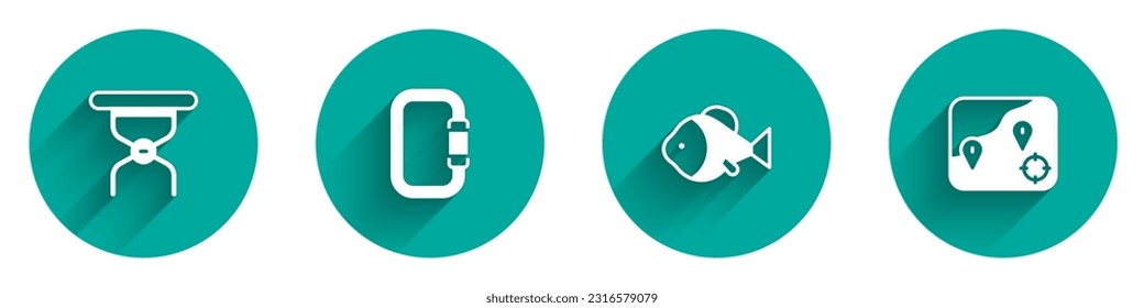 Set Camping folding chair, Carabiner, Fish and Location fishing icon with long shadow. Vector