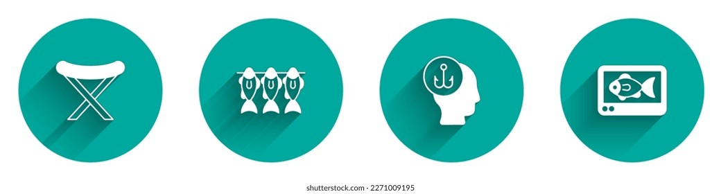 Set Camping folding chair, Dried fish, Fisherman and finder echo sounder icon with long shadow. Vector