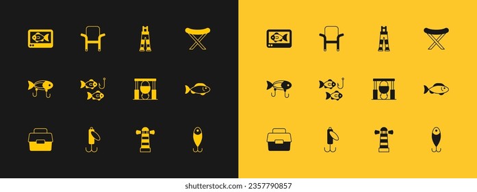 Set Camping folding chair, Fishing lure, Campfire and pot, Lighthouse, hook with fish, Fisherman pants, finder echo sounder and  icon. Vector