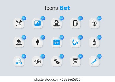 Set Camping folding chair, Fishing float, Location fishing, Dead, Knife, Bottle of vodka, Crossed oars or paddles boat and Winter icon. Vector