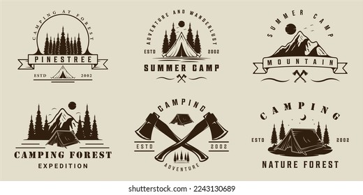 set of camping at forest and mountain logo vintage vector illustration template icon graphic design. bundle collection of various outdoors travel sign or symbol for adventure and wanderlust concept