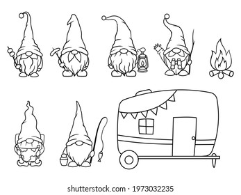 Set of camping garden gnomes. Collection of cute holidays elves with hats, marshmallows, camp truck. Vector illustration for travel postcard. Drawing for children.