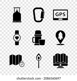 Set Camping gas stove, Carabiner, Gps device with map, Location of the forest on, Burning match fire, monitor, Smart watch showing heart beat rate and Thermos container and cup icon. Vector