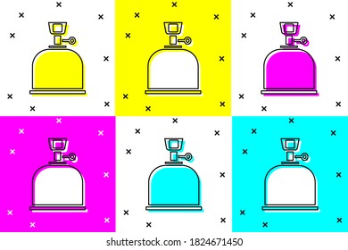 Set Camping gas stove icon isolated on color background. Portable gas burner. Hiking, camping equipment.  Vector Illustration