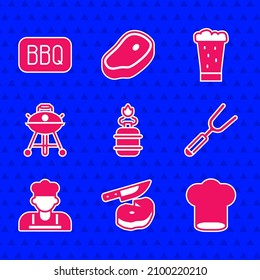 Set Camping gas stove, Steak meat and knife, Chef hat, Barbecue fork, Cook, grill, Glass of beer and  icon. Vector