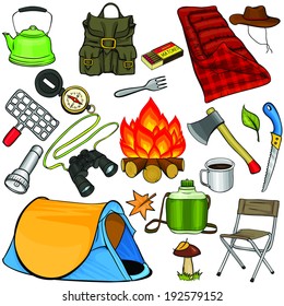 Set of camping gear in cartoon style
