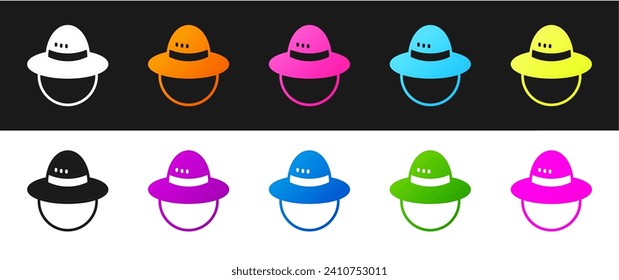 Ajuste el icono de sombrero de camping aislado en fondo blanco y negro. Panama de sombrero de playa. Los viajeros que viajan en el Explorador son los que se dedican a la caza, el senderismo, el turismo.  Vector
