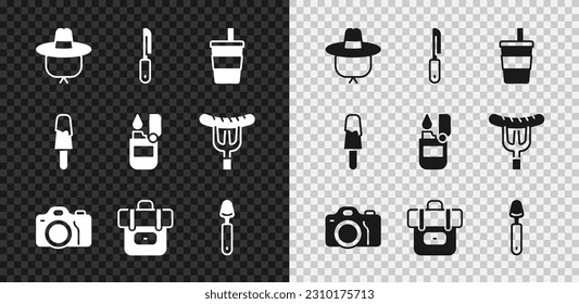 Set Camping hat, Knife, Paper glass with water, Photo camera, Hiking backpack, Spoon, Ice cream and Lighter icon. Vector