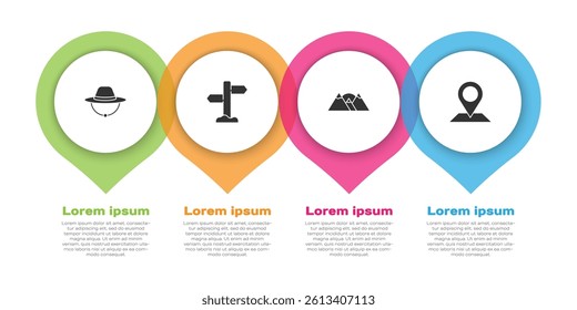 Set Camping hat, Road traffic signpost, Mountains and Location. Business infographic template. Vector
