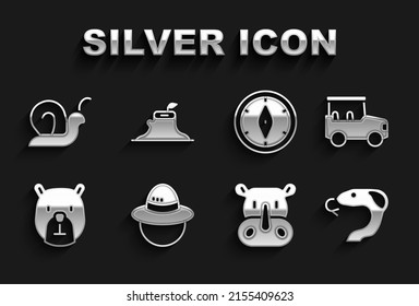 Set Camping hat, Safari car, Snake, Rhinoceros, Bear head, Compass, Snail and Tree stump icon. Vector