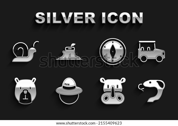 Set Camping hat, Safari
car, Snake, Rhinoceros, Bear head, Compass, Snail and Tree stump
icon. Vector